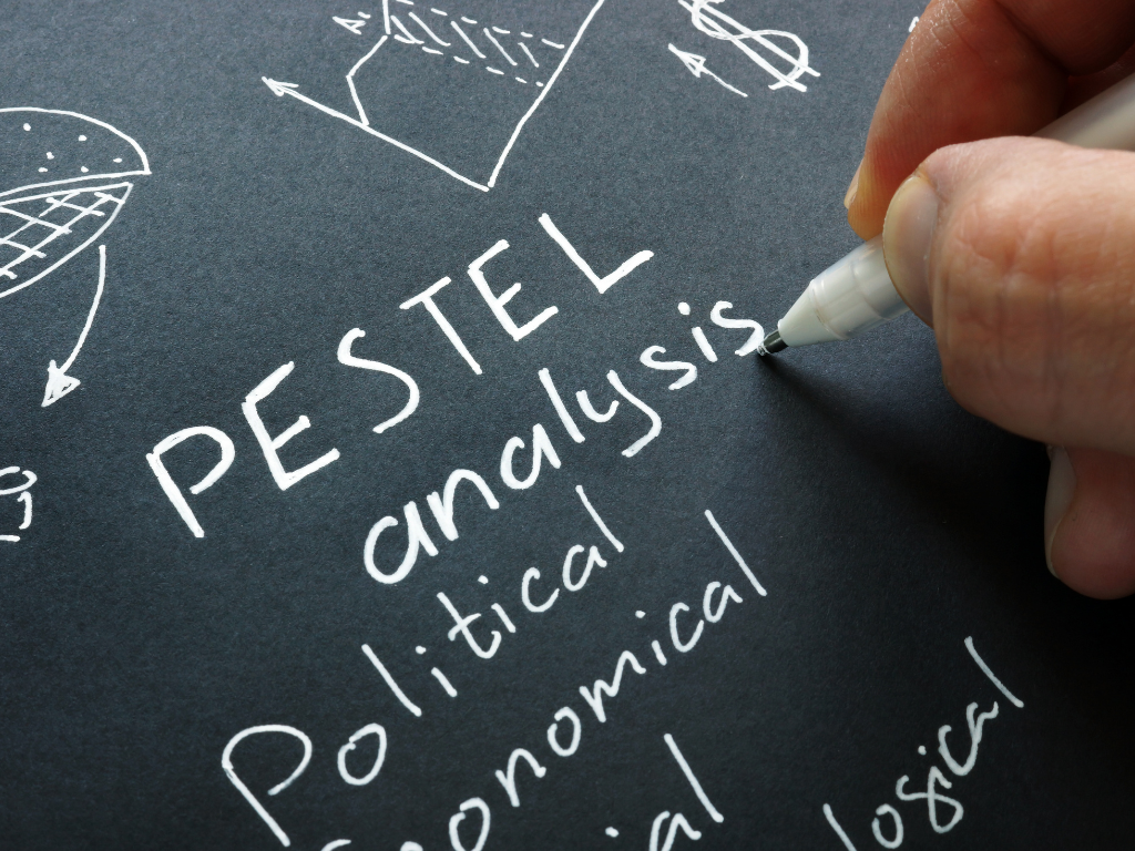 Bàn tay viết cụm từ “PESTEL analysis” trên giấy đen bằng bút trắng.